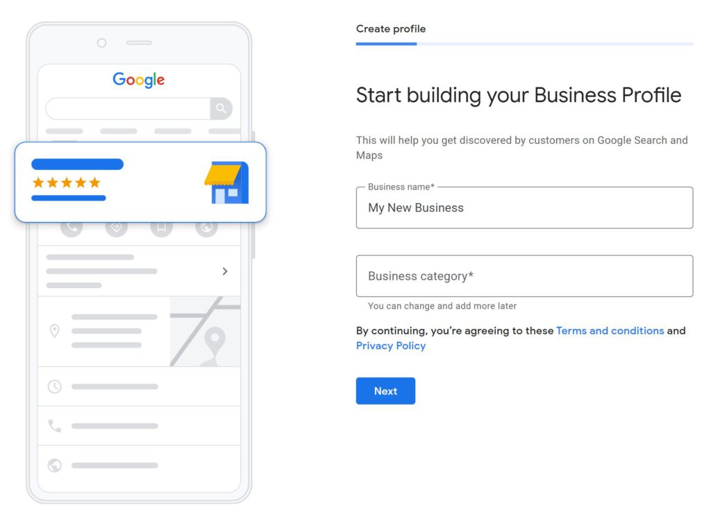 Google My Business New Business Screen